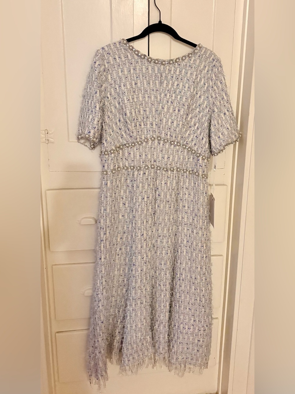 Anthropologie Mac‎ Duggal 20806 Blue Short Sleeve Beaded Trim Boucle Midi Dress